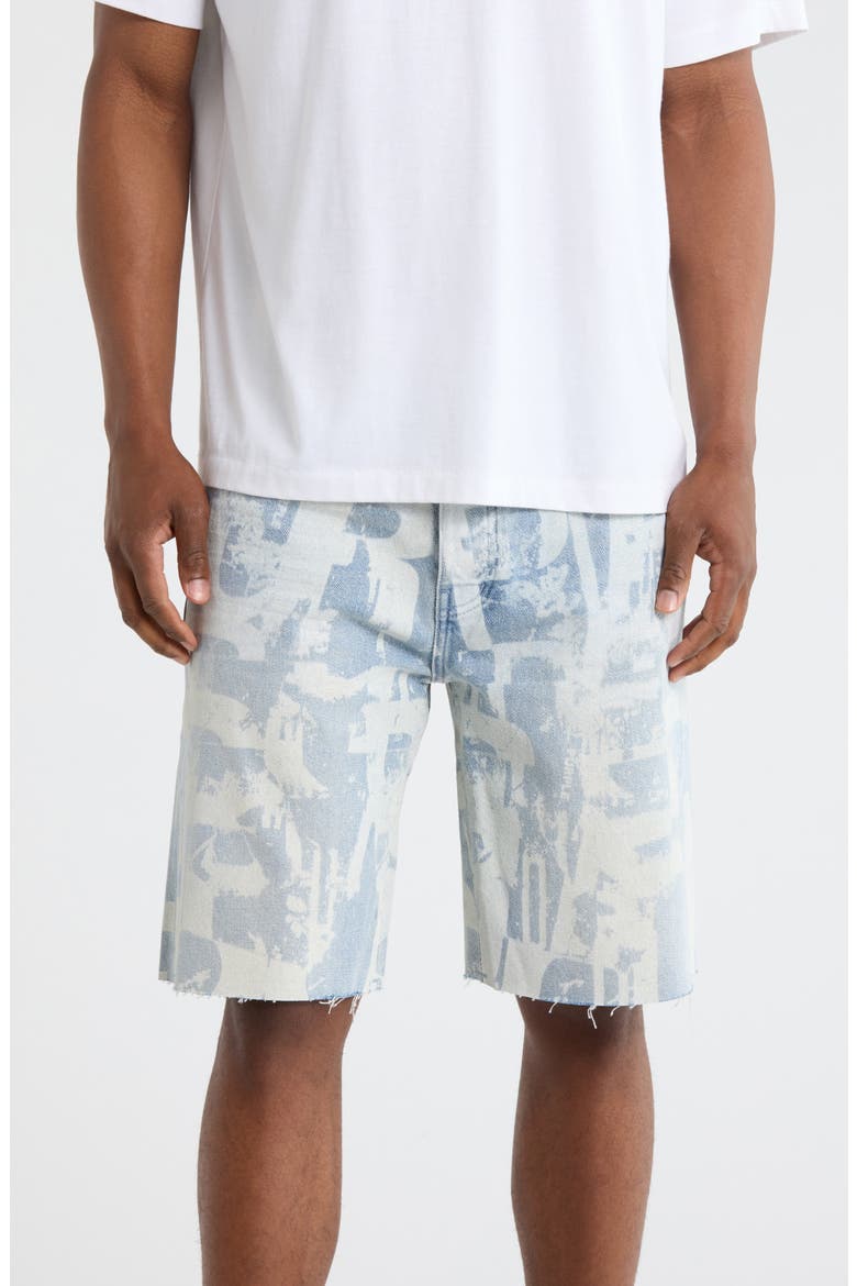 Grunge Print Denim Shorts, Main, color, LIGHT INDIGO