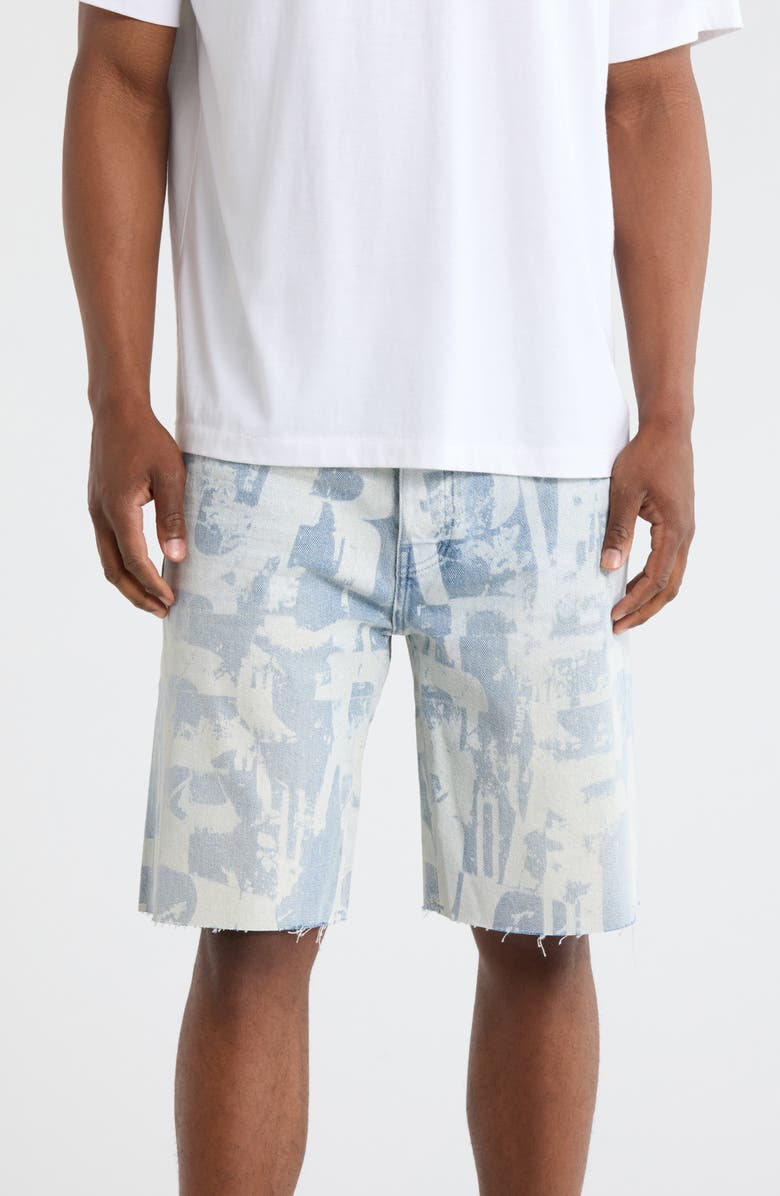 PURPLE BRAND Grunge Print Denim Shorts, Main, color, 