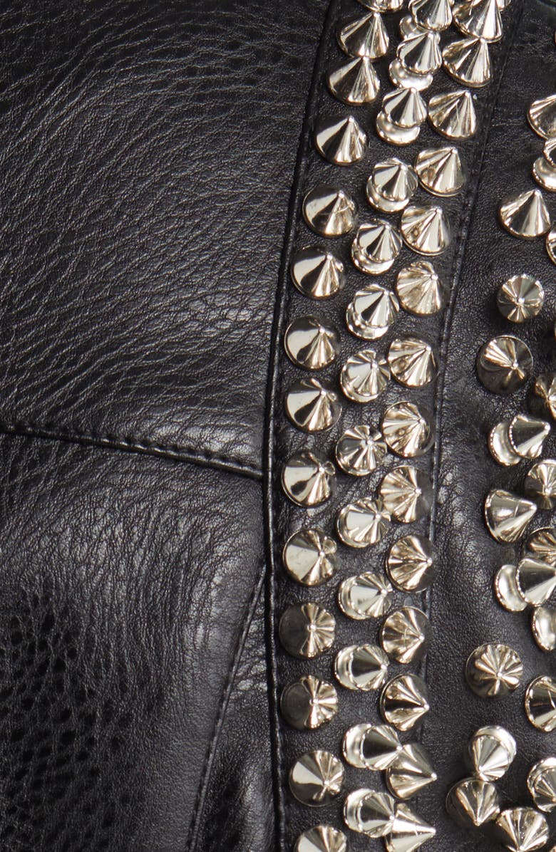 AZALEA WANG Spike Belted Faux Leather Moto Jacket, Alternate, color, Black