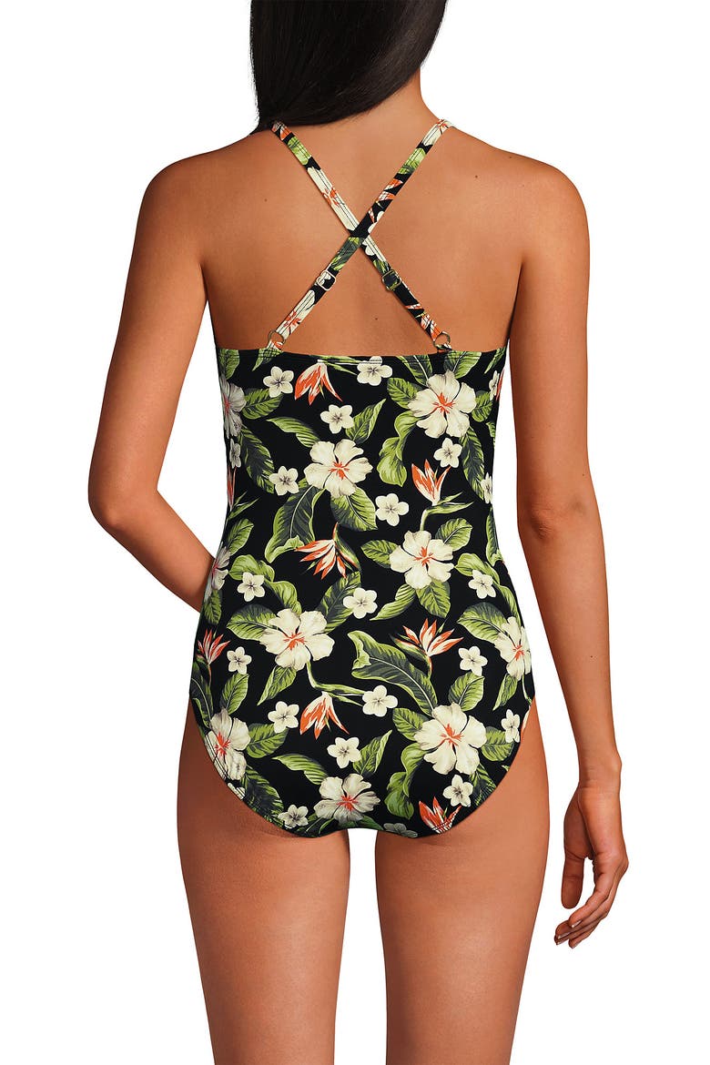 Slender Suit V-neck Pleated X-back One Piece Swimsuit Adjustable Straps, Alternate, color, Hibiscus Floral/Black