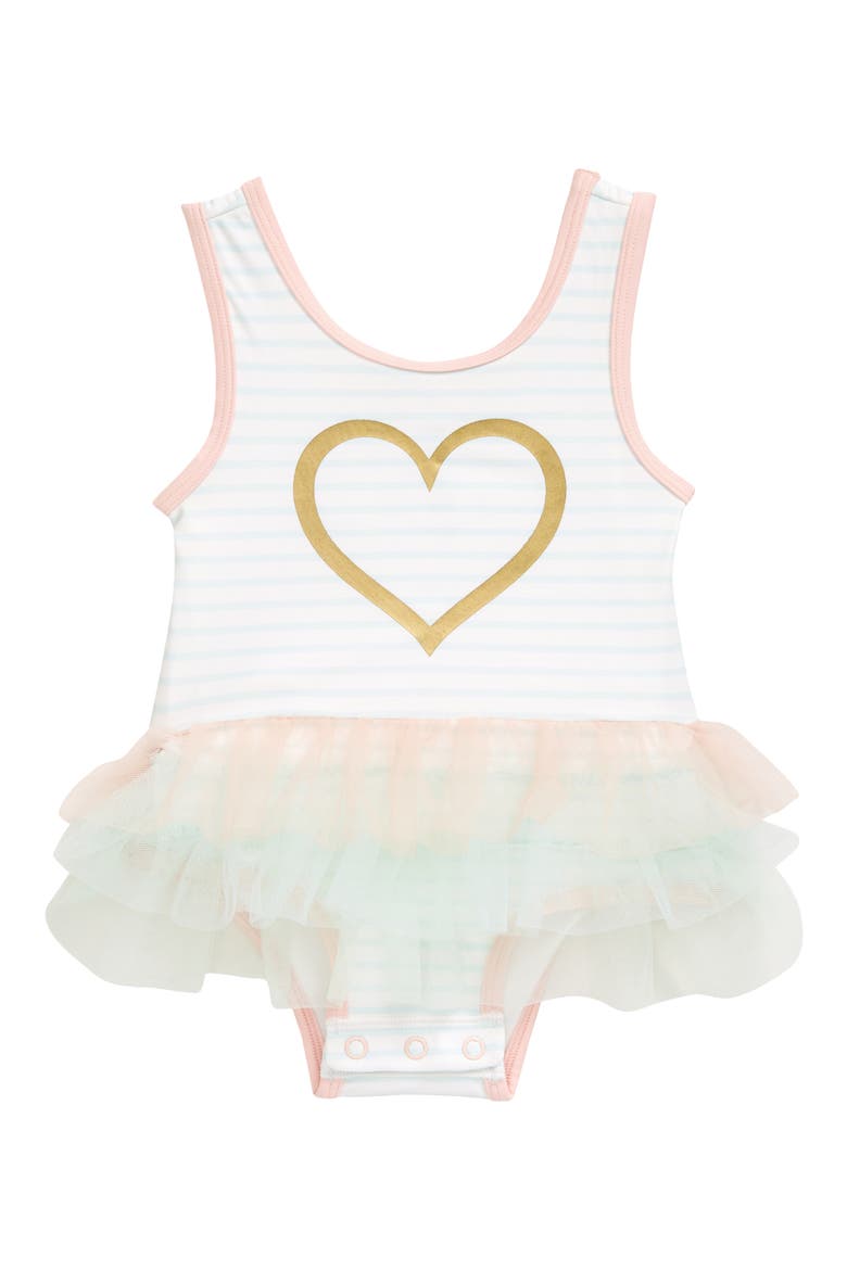 Gingham Tutu One-Piece Swimsuit, Main, color, BLUE SALTWATER STRIPE HEART