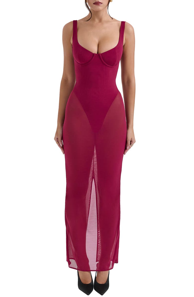 HOUSE OF CB Robina Sheer Mesh Overlay Maxi Cocktail Dress, Main, color, Beet Red