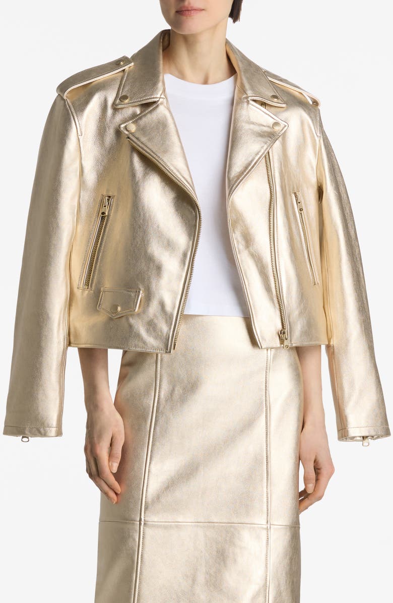 St. John Collection Metallic Leather Biker Jacket, Main, color,