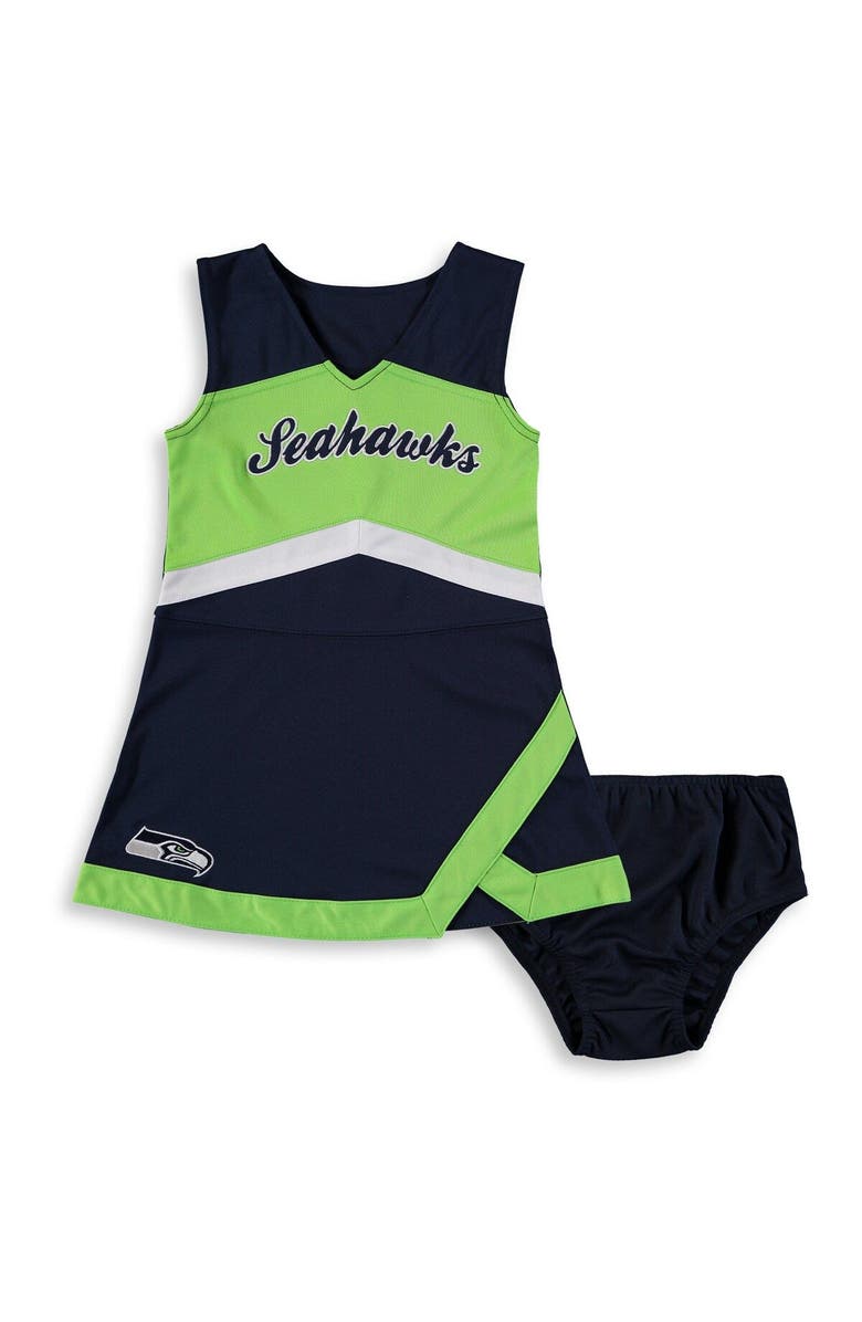 Outerstuff Girls Preschool College Navy/Neon Green Seattle Seahawks Cheer Captain Jumper Dress, Main, color, 