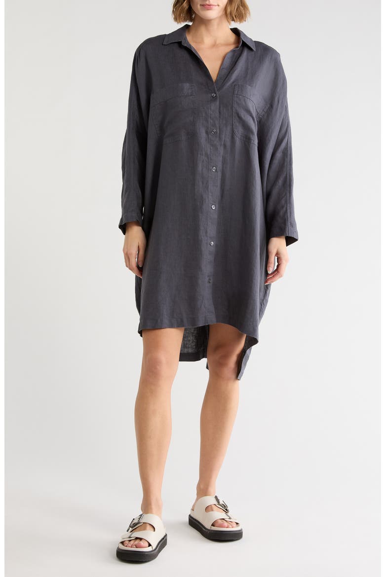 Long Sleeve Linen Shirtdress, Main, color, ASPHALT