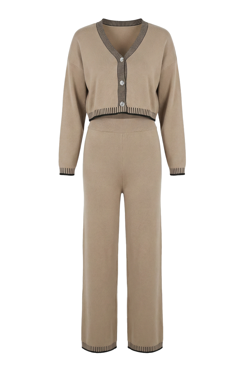 Contrast Trim Knit Cardigan Set, Alternate, color, Beige / Black Trim