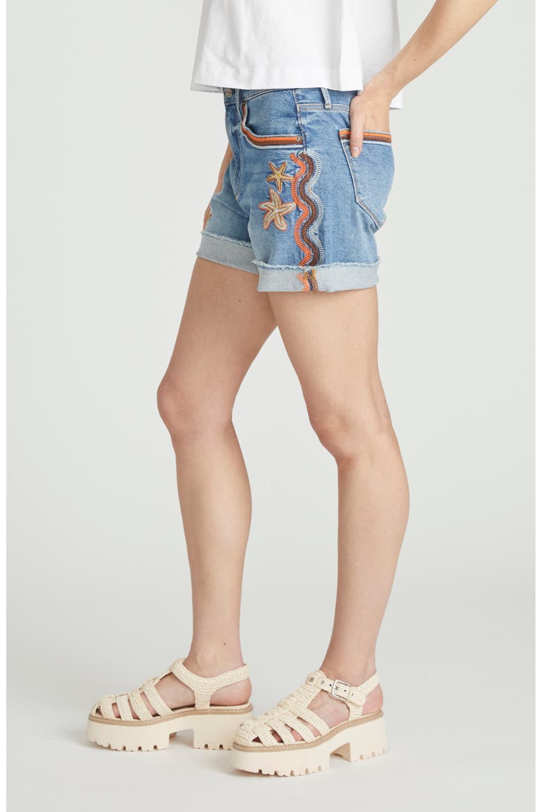 Frannie Seaside Stars Embroidered Cuffed Denim Shorts, Alternate, color, MEDIUM WASH