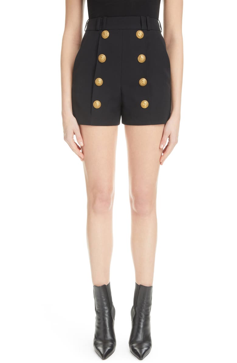 Balmain 8-Button Cotton Grain de Poudre Shorts, Main, color,
