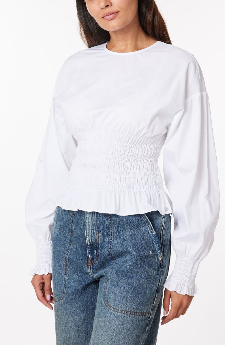 Scotch & Soda Smocked Balloon Sleeve Cotton Peplum Top, Alternate, color, White