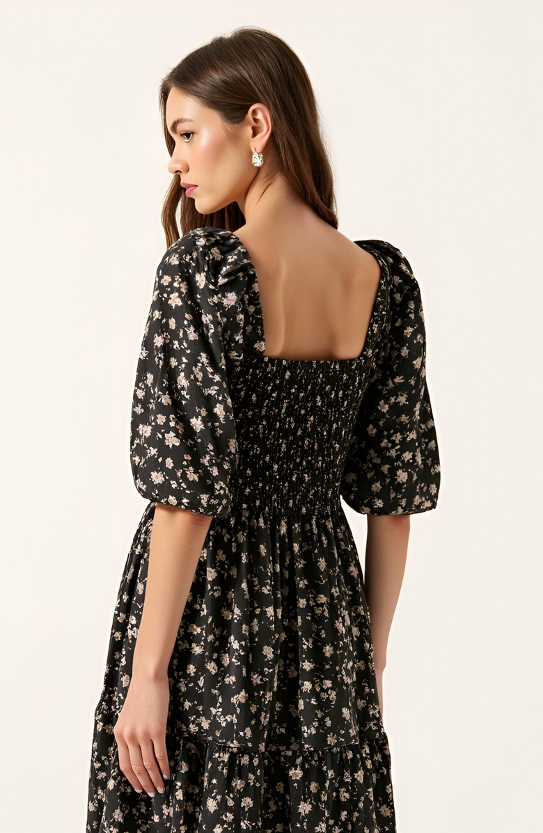 Modenaire Floral Print Woven Midi Dress with Smocked Bodice, Puff Sleeves and Tiered Ruffle Skirt, Alternate, color, 