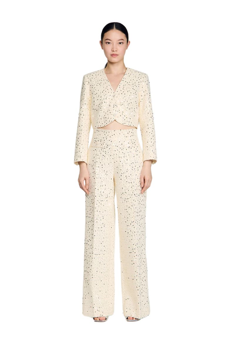 Sequin straight-leg cotton trousers, Main, color, Ecru