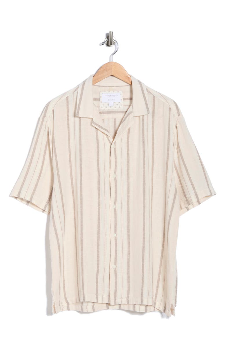 DENIM AND FLOWER Stripe Linen Blend Camp Shirt, Main, color, Beige