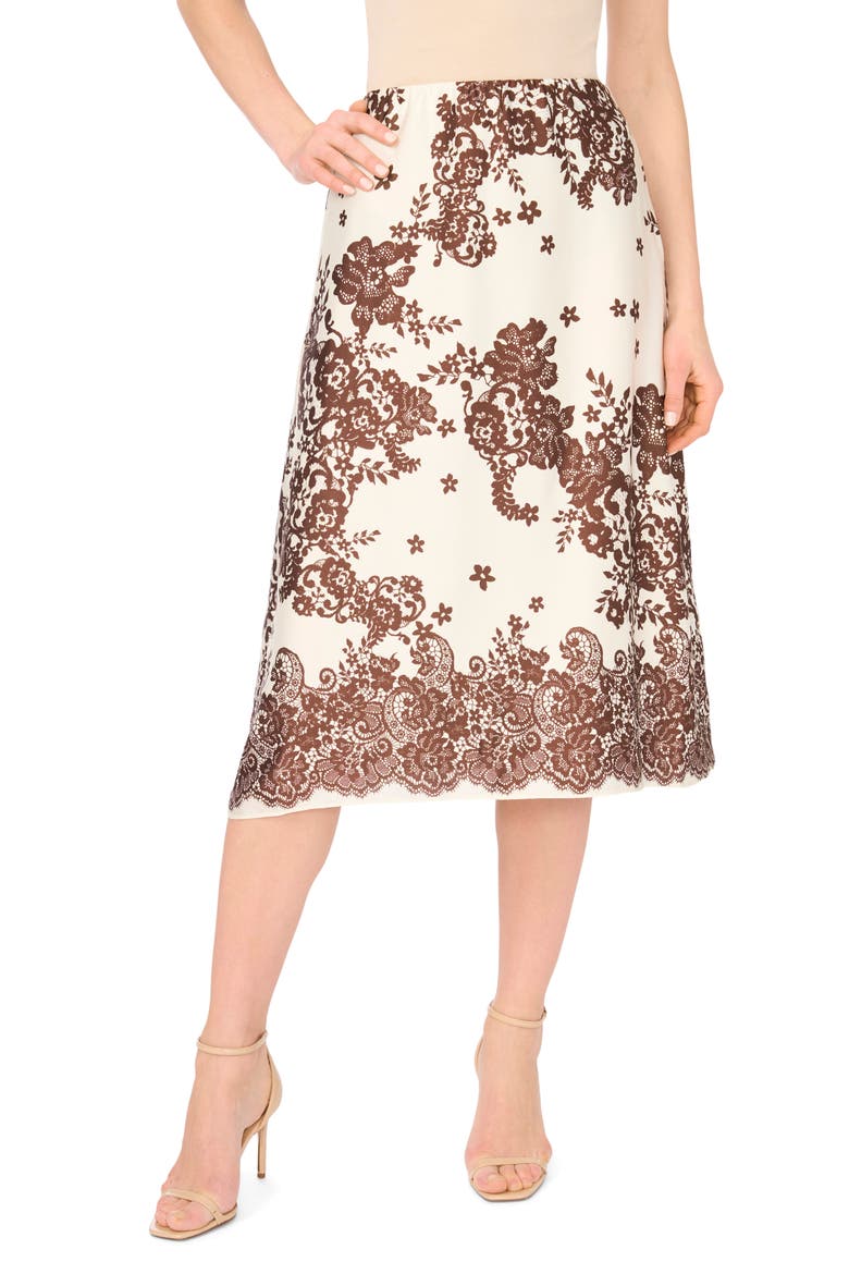Floral Print Satin Midi Skirt, Main, color, EGRET