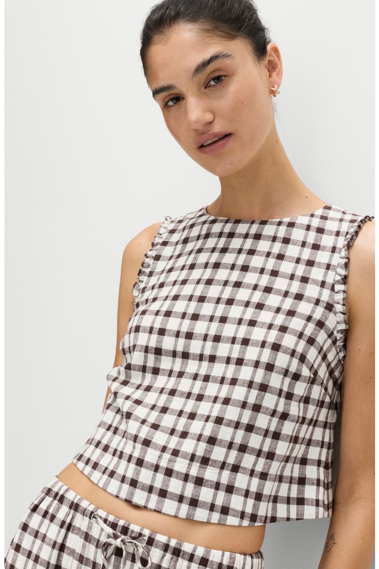 Gingham Ruffle Trim Linen Blend Crop Top, Alternate, color, BROWN/ MULTI