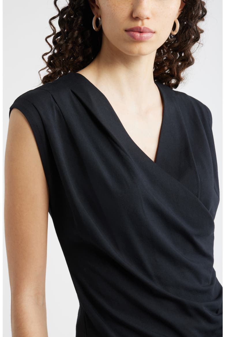 Pleated Faux Wrap Cap Sleeve Top, Alternate, color, BLACK