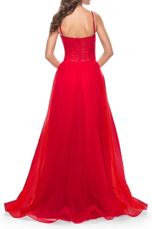 La Femme A-line Square Neck Tulle Ballgown With Illusion Waist