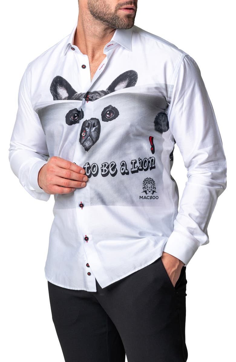 Maceoo Fibonacci Lion Time Regular Fit Cotton Blend Button-Up Shirt, Alternate, color, White