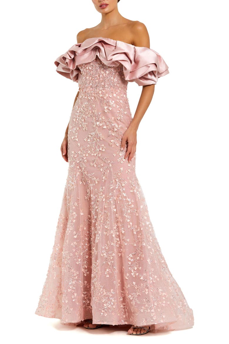 Beaded Applique Off The Shoulder Mermaid Gown, Main, color, Rose