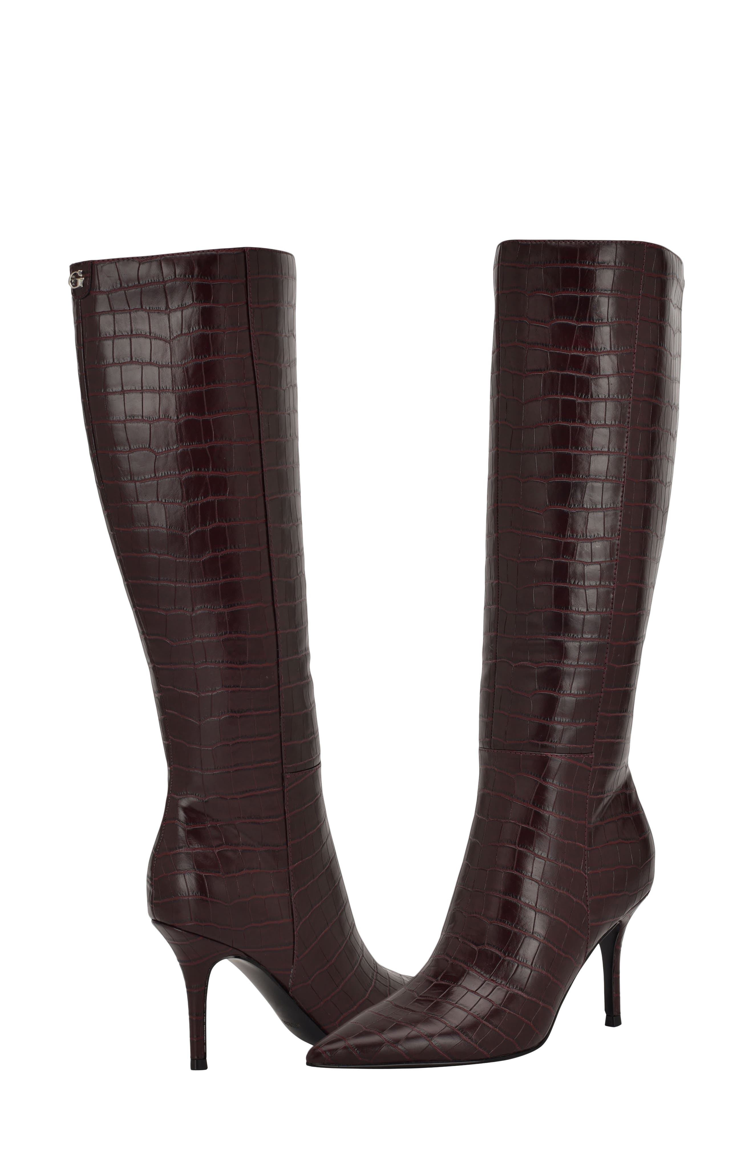 GUESS Gressa Croc Embossed Knee High Boot, Alternate, color, Red