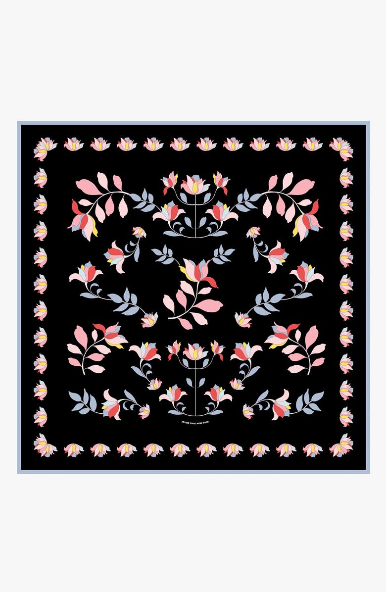 Jessie Zhao New York Double Sided Silk Scarf Midnight Garden, Main, color, Black