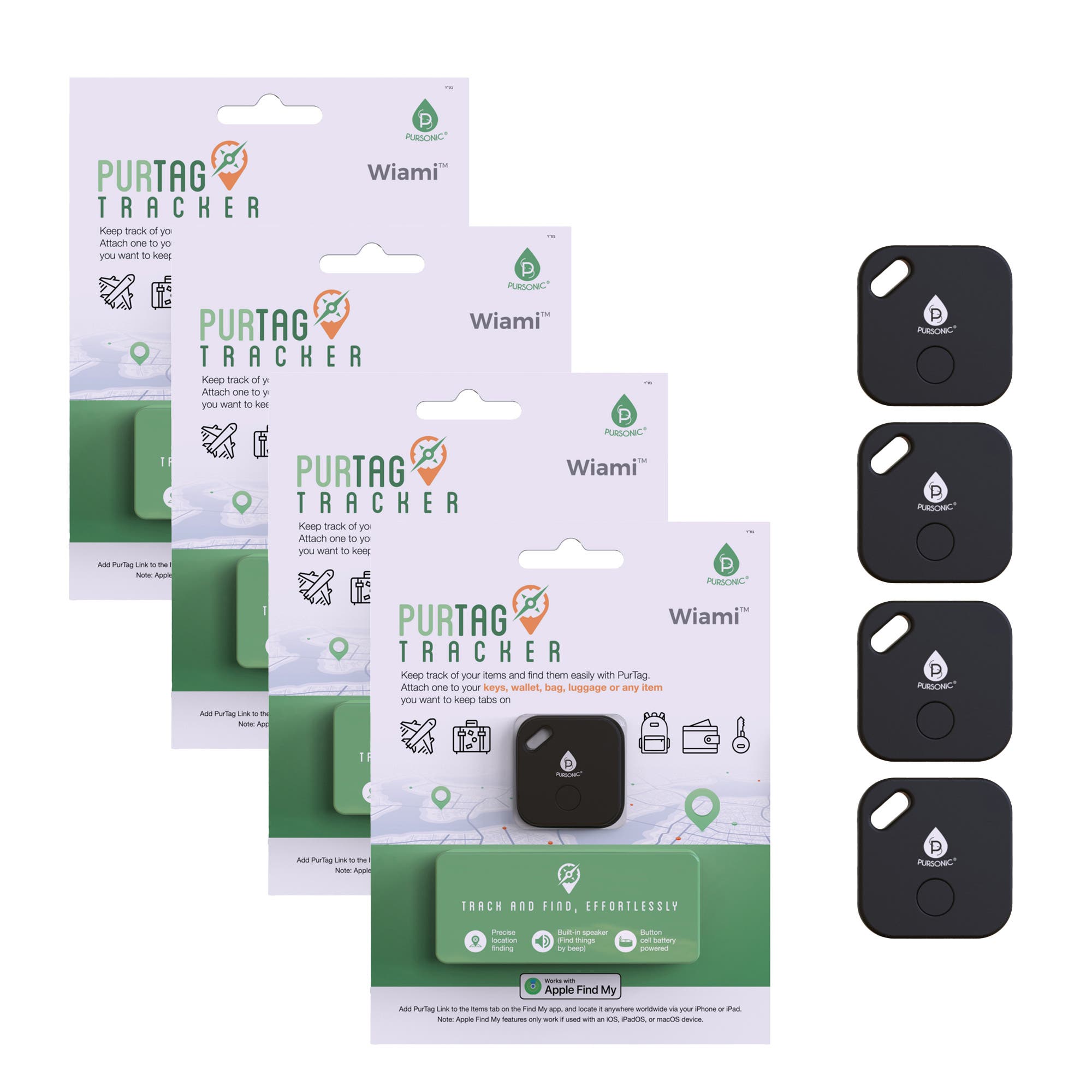 PURSONIC 4 Purtag Trackers - Ultimate Solution for Keeping Tabs on Your Belongings, Main, color, Black