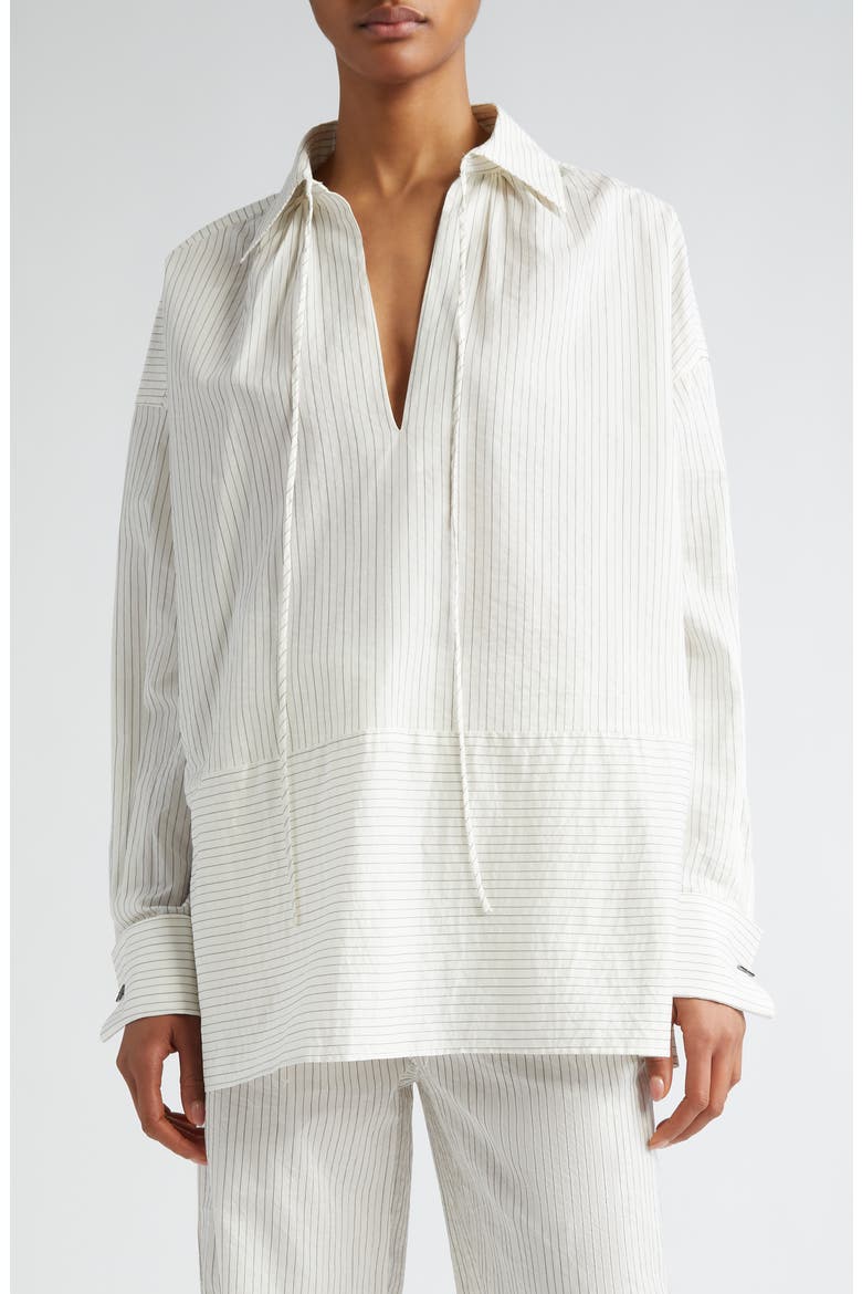 Saletta Pinstripe Oversize Cotton & Silk Top, Main, color, WHITE BLACK