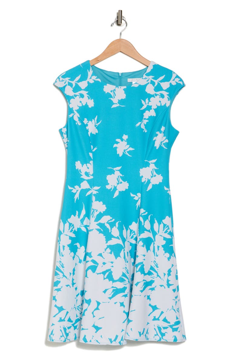 Monotone Floral Print Fit and Flare Dress, Alternate, color, TURQUOISE/ IVY