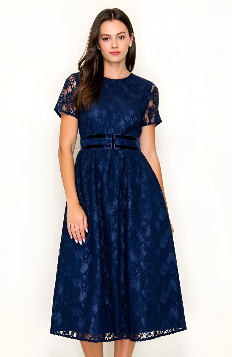 Modenaire Lace Midi Dress with Sheer Short Sleeves and Velvet Waistband Detail, Alternate, color, Navy