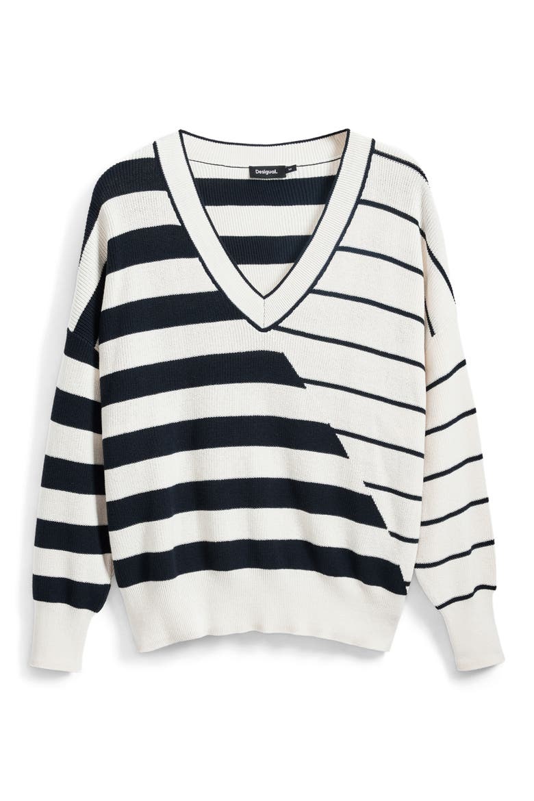 Variegated Stripe V-Neck Sweater, Alternate, color, WHITE