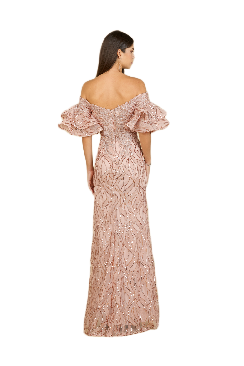 Off Shoulder Mermaid Beaded Gown with Tiered Sleeves, Alternate, color, Rose Gold