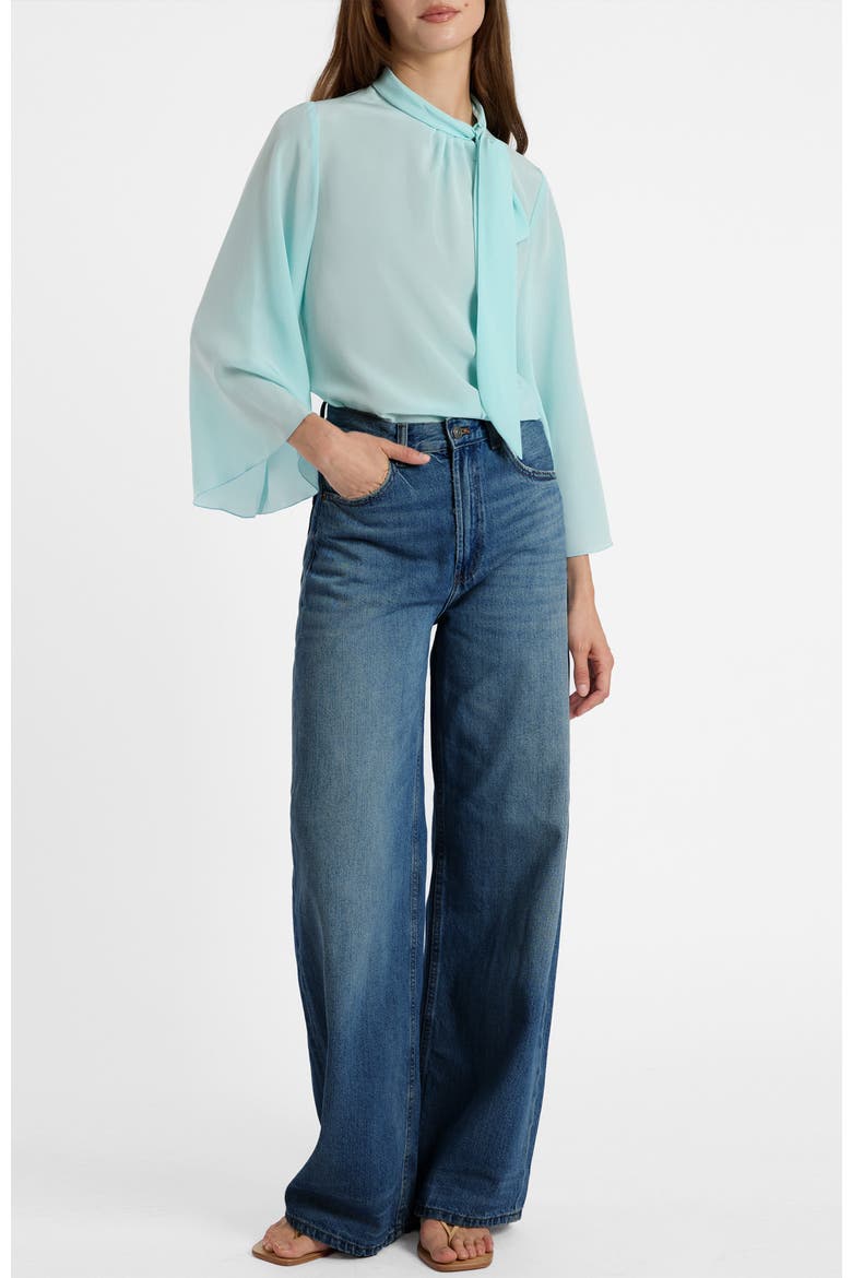 Lena Tie Neck Blouse in Silk Crepe De Chine, Alternate, color, Sky Blue