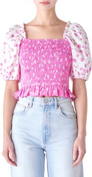 English Factory Colorblock Tulip Print Smocked Top