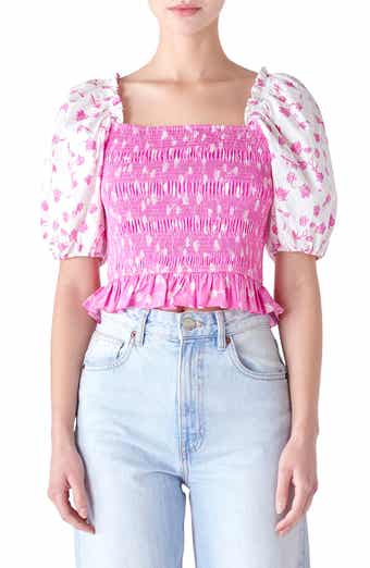 English Factory Colorblock Tulip Print Smocked Top