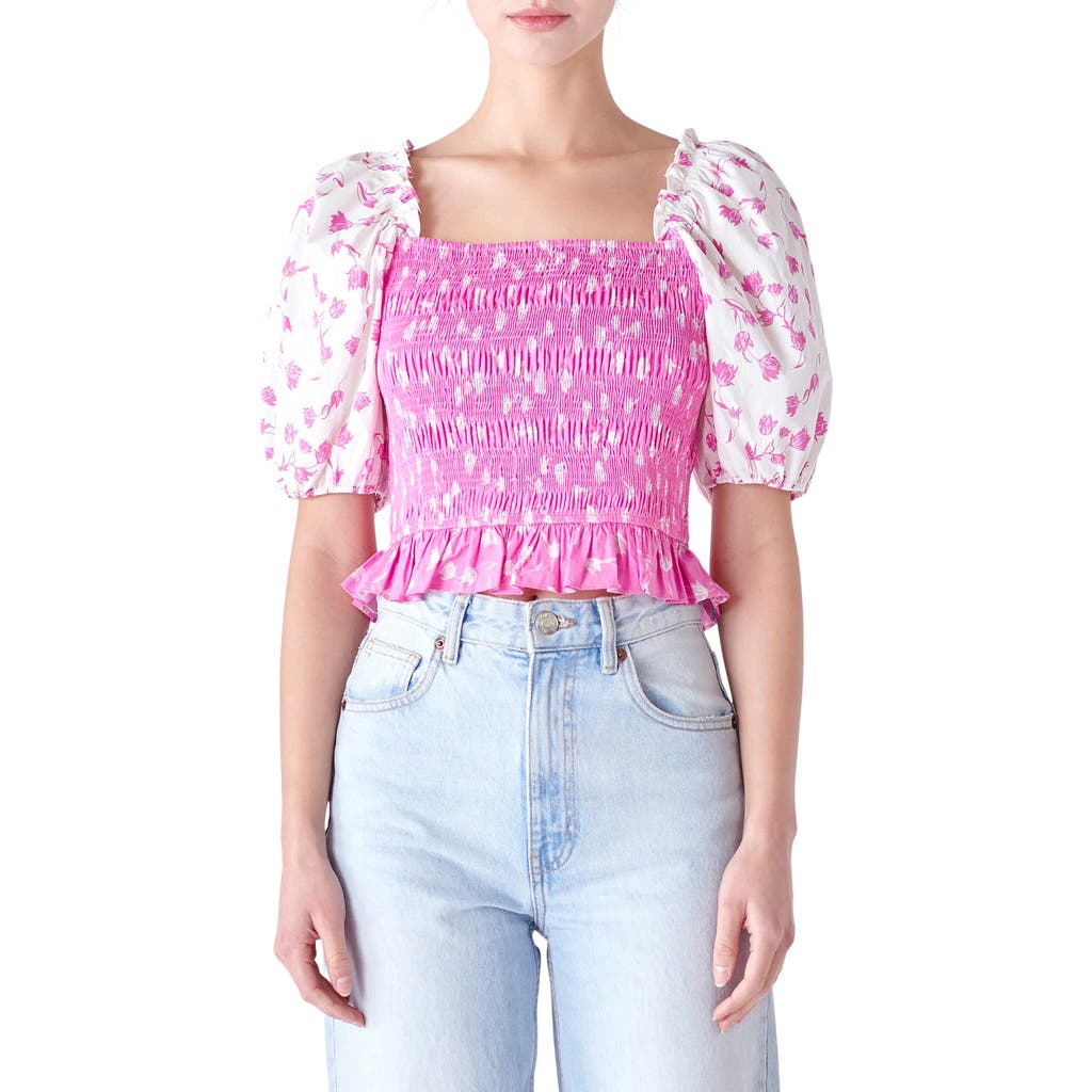 English Factory Colorblock Tulip Print Smocked Top In Pink/white