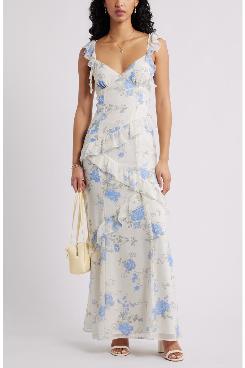 Asymmetric Ruffle Tiered Maxi Dress, Main, color, IVORY- BLUE BETHANY FLORAL