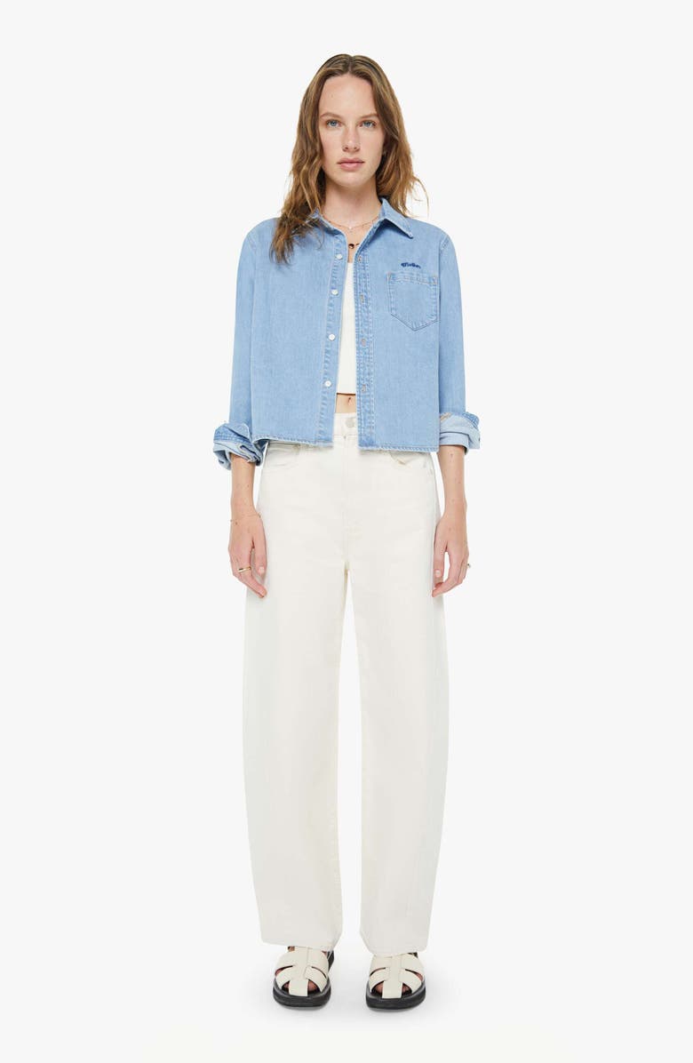 MOTHER The Honor Roll Logo Embroidered Denim Crop Button-Up Shirt, Alternate, color, Grand Slam