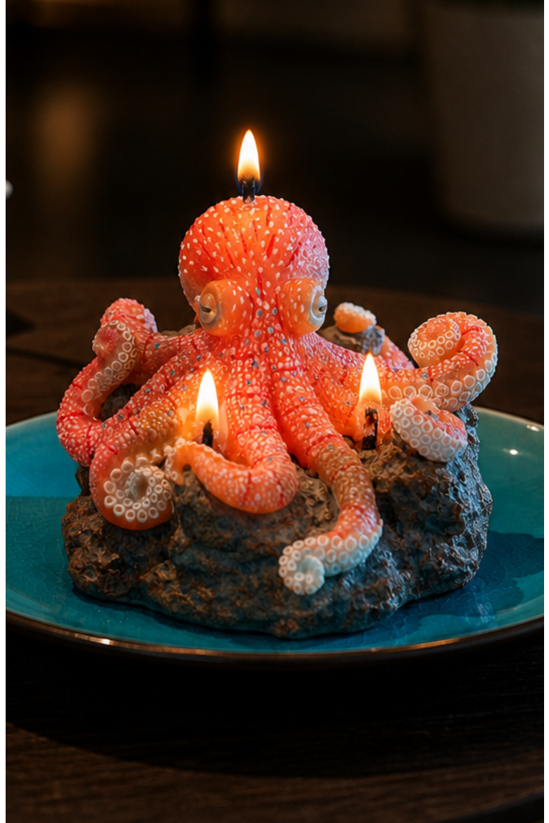Octopus on Reef Candle, Alternate, color, Bright Coral / Turquoise
