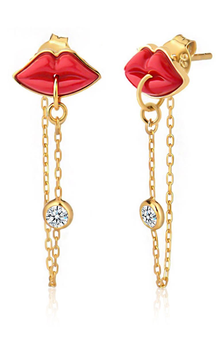 14K Gold Plated Sterling Silver & CZ Lip Jewel Chain Drop Earrings, Main, color, GOLD