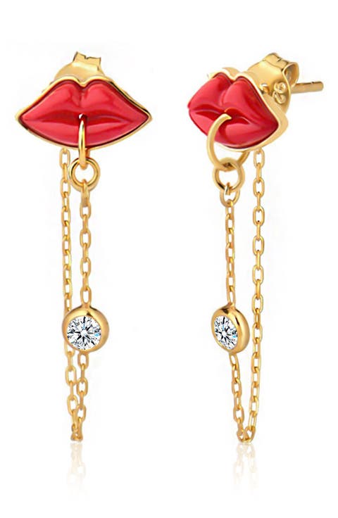 14K Gold Plated Sterling Silver & CZ Lip Jewel Chain Drop Earrings