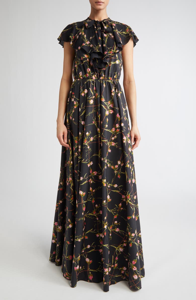 Giambattista Valli Floral Cap Sleeve Ruffle Cotton Maxi Dress, Main, color, Black