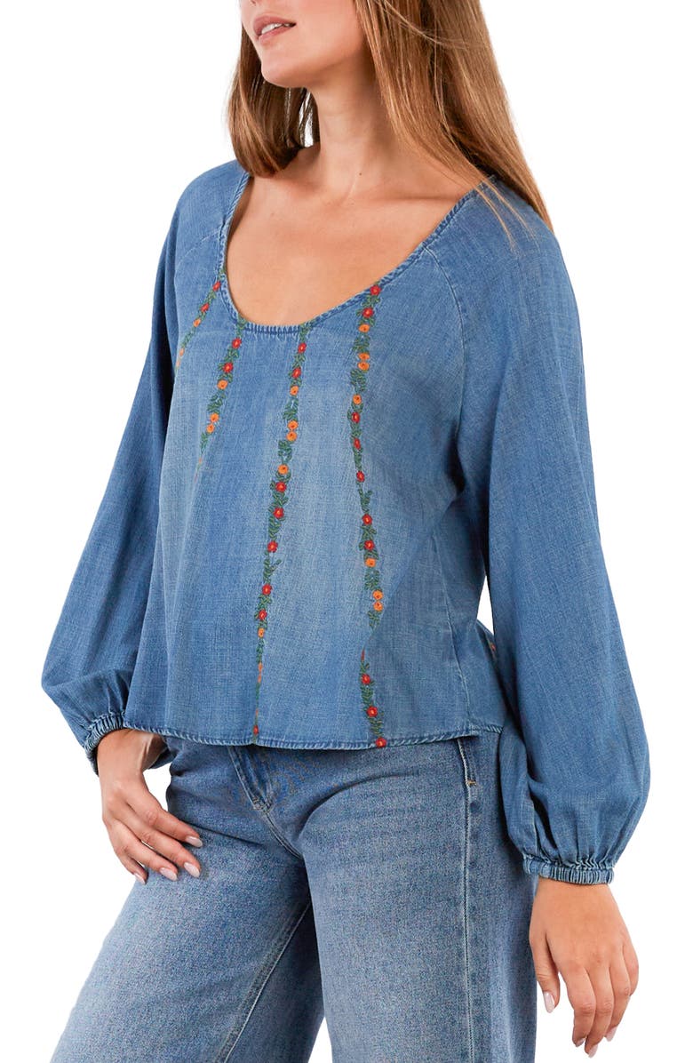 Billy T Floral Wallpaper Embroidered Top, Alternate, color, Denim