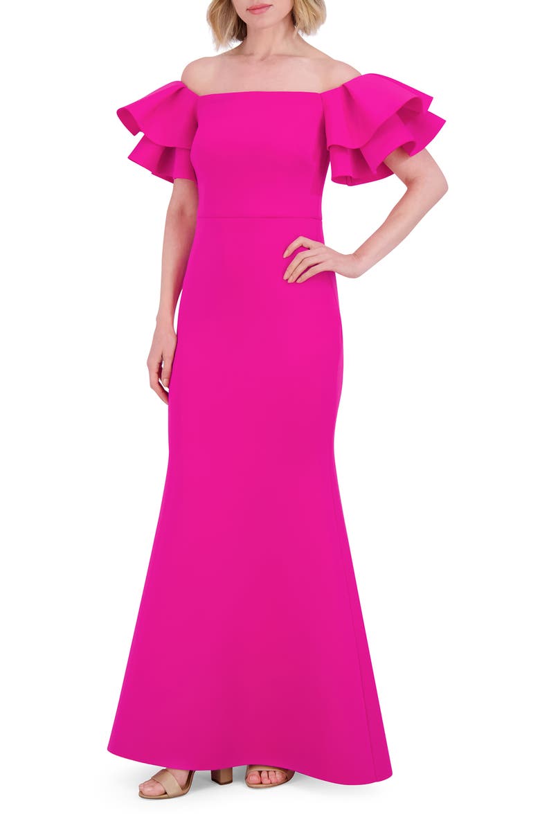 Eliza J Ruffle Sleeve Off the Shoulder Mermaid Gown, Main, color, Lipstick