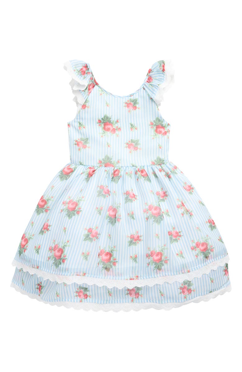 Pippa & Julie Kids' Joyce Floral Stripe Fit & Flare Dress, Main, color, Blue/ White