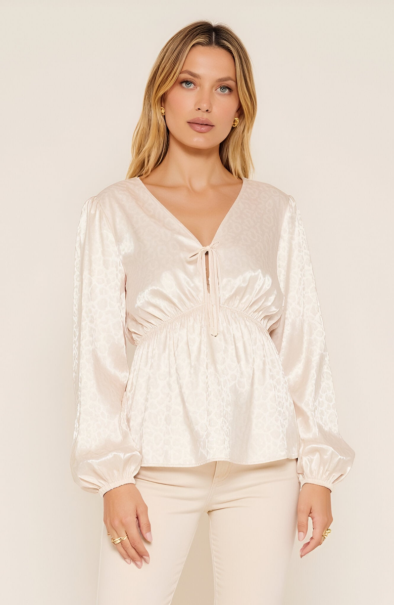 Modenaire Satin Long Sleeve Blouse with Tie Front and Empire Waist, Main, color, 