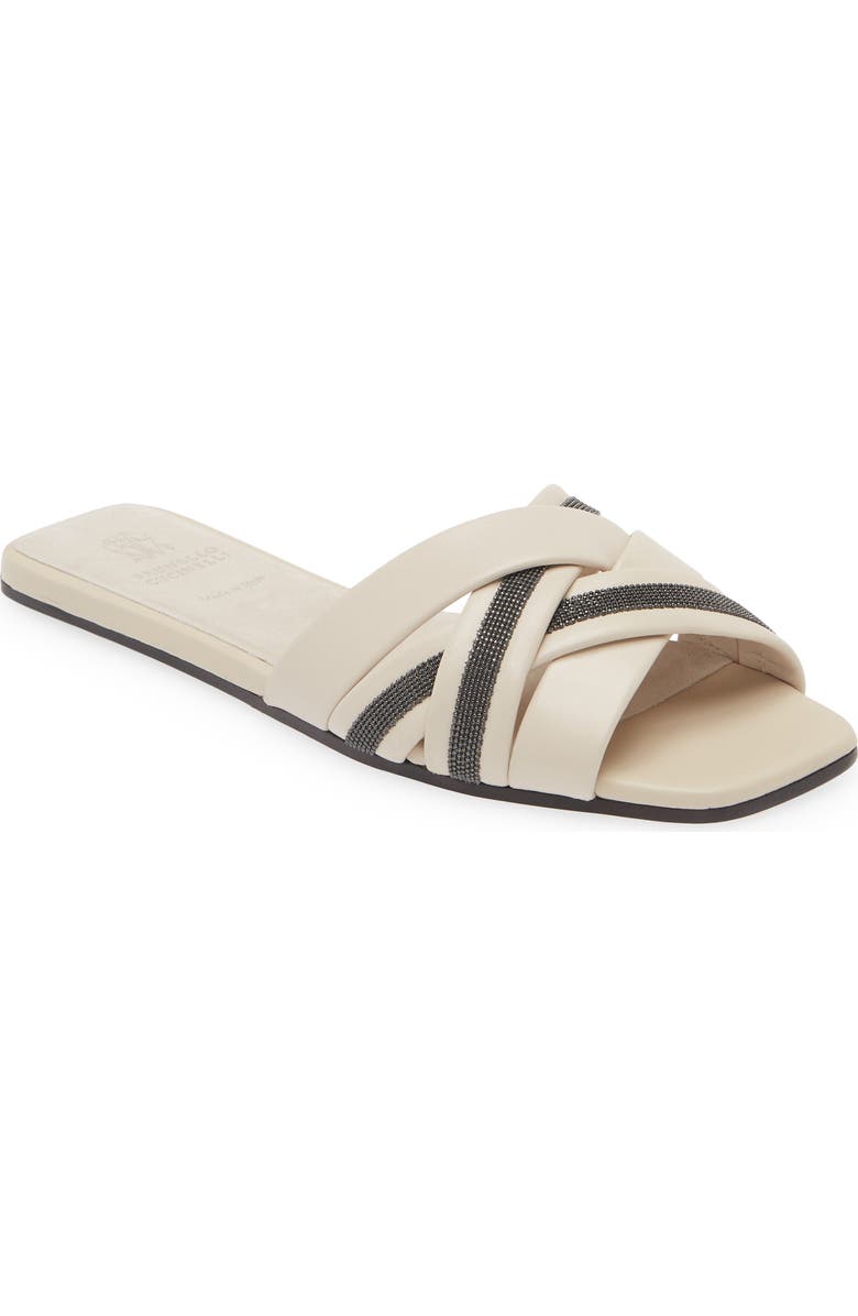 Brunello Cucinelli Monili Woven Slide Sandal, Main, color, Ivory/ Black