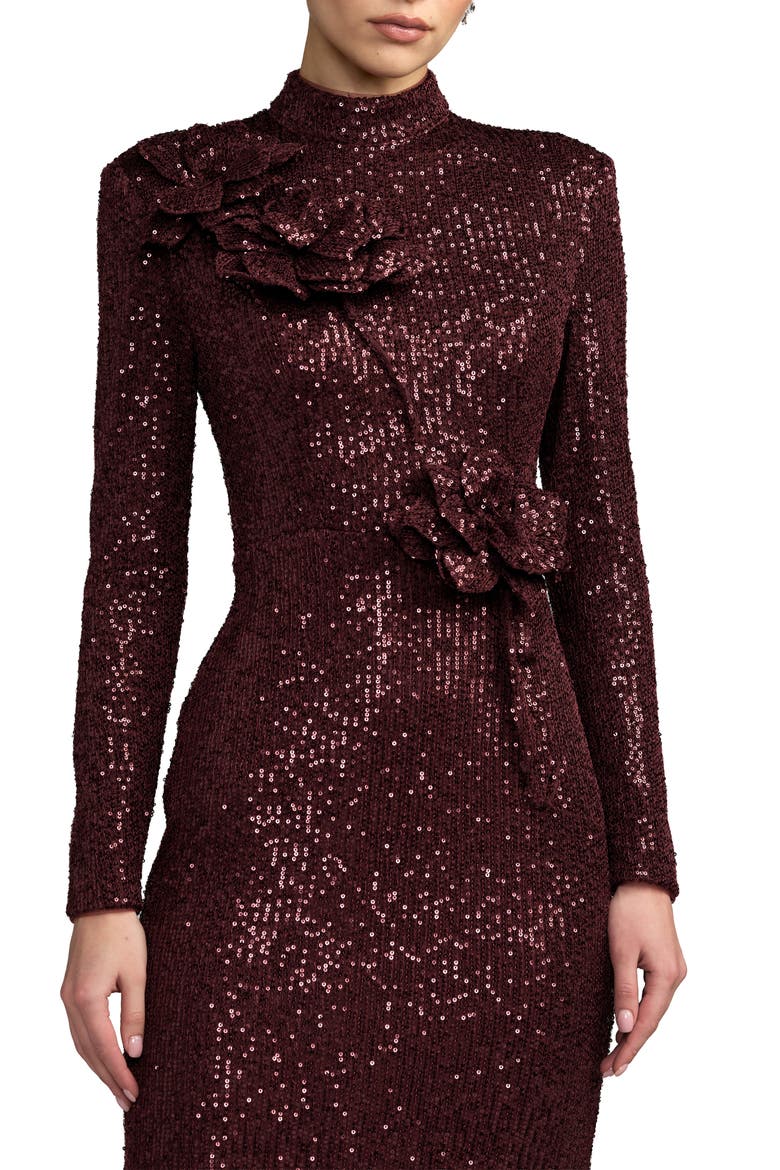 Long Sleeve Sequin Gown With Flowers, Alternate, color, Mahogany