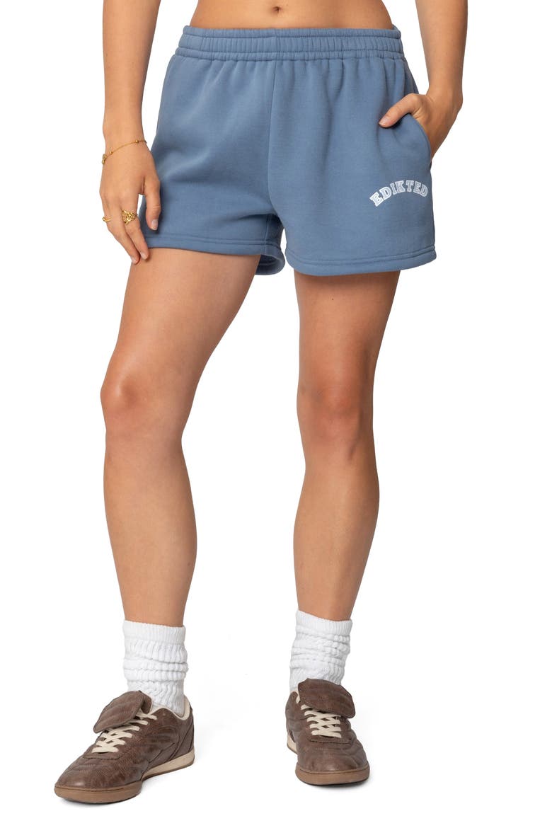 Beyond Edikted Cotton Graphic Sweat Shorts, Main, color, BLUE