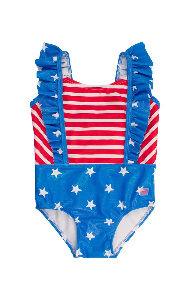RuffleButts Toddler Girls UPF50+ Pinafore One Piece, Main, color, Shimmer Stars & Stripes
