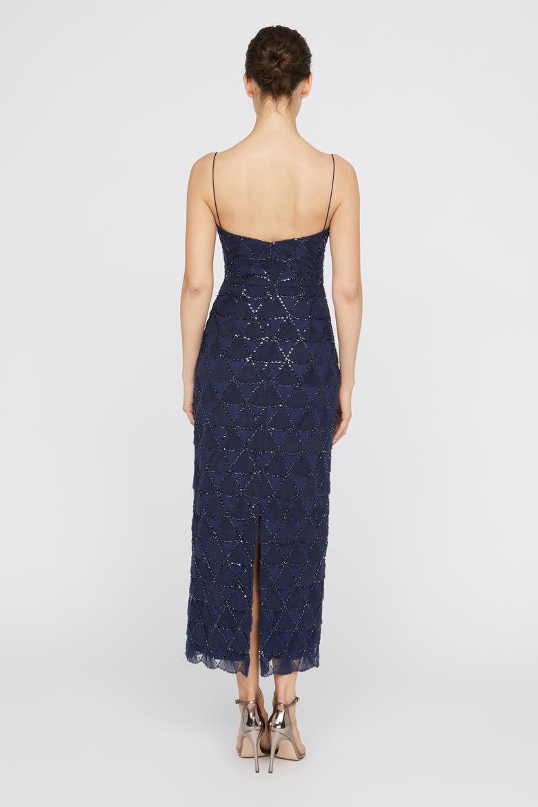 Elsy Textured Tulle Spaghetti Straps Beaded Sheath Dress, Alternate, color, Navy