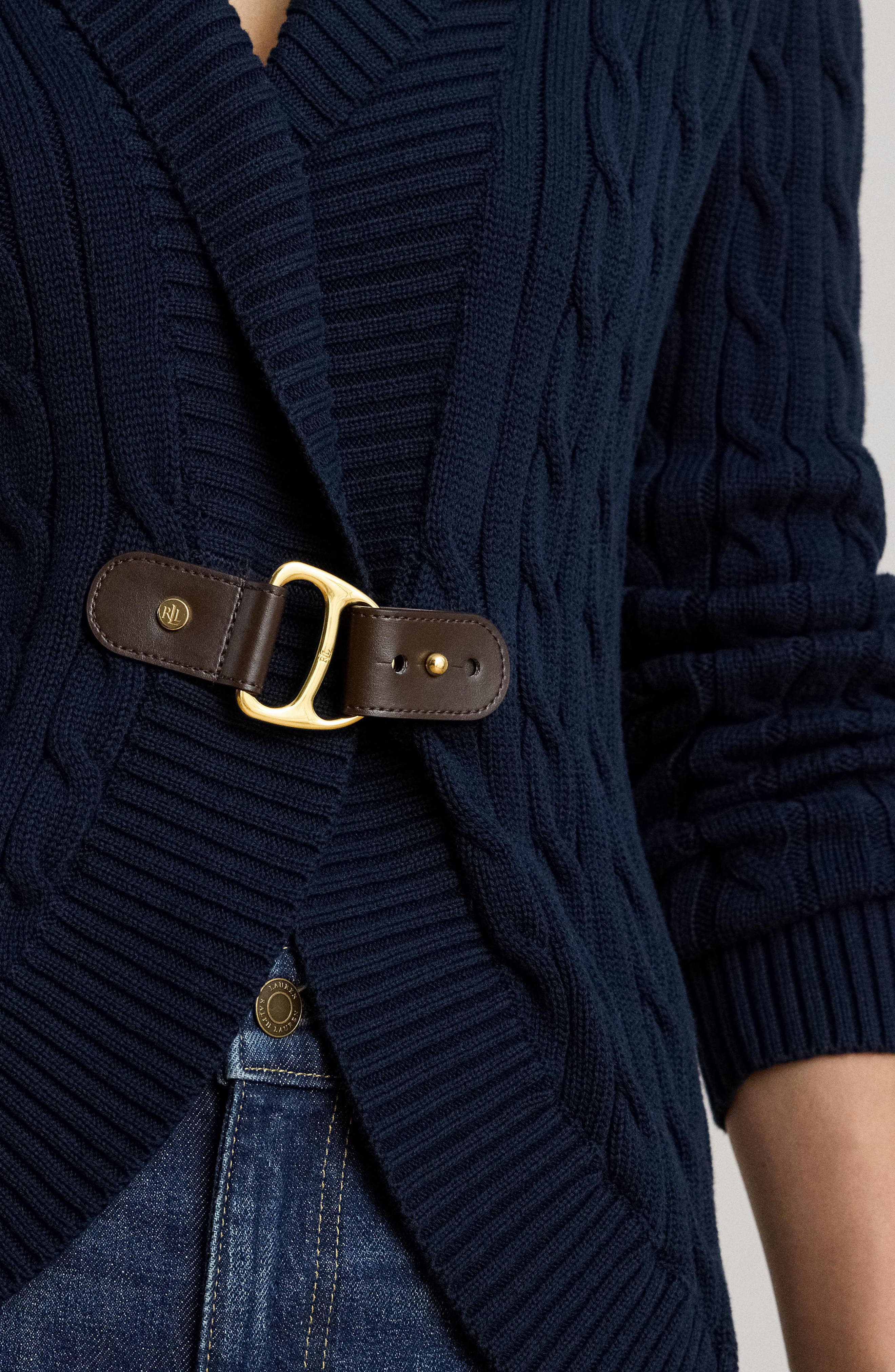 Lauren Ralph Lauren Buckle Cable Stitch Cotton Cardigan (Women